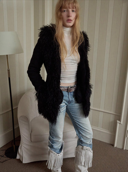Suede Shearling Embroidered Panel Jacket