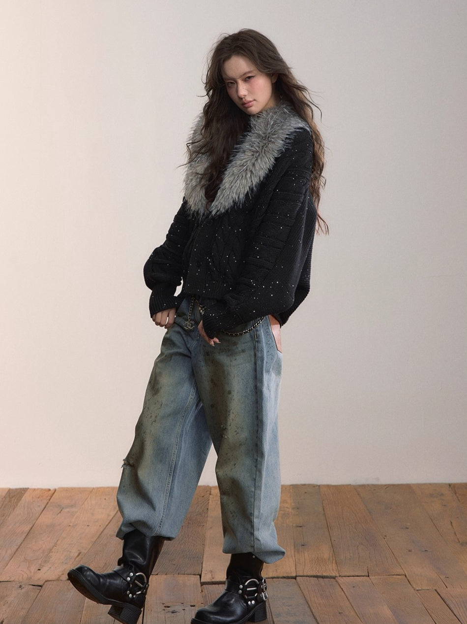Detachable Faux Fur Collar Knit Cardigan