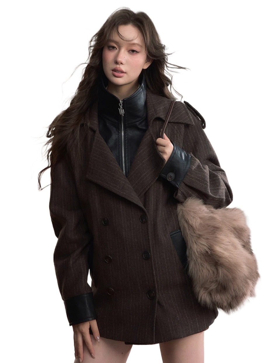 Contrast Faux-Layer Double-Breasted Wool-Blend Jacket