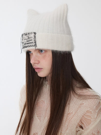 Hand-Stitched Cat-Ear Angora Knit Beanie