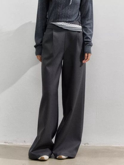 Plaid Panel Fold-Over Waist Straight Pants