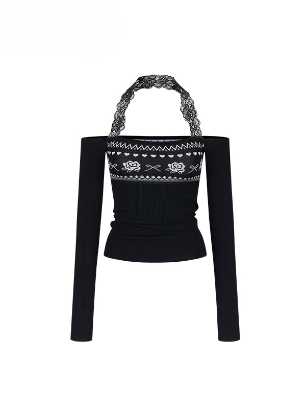 Lace Halter Two-way One-shoulder Sweater - CHINASQUAD
