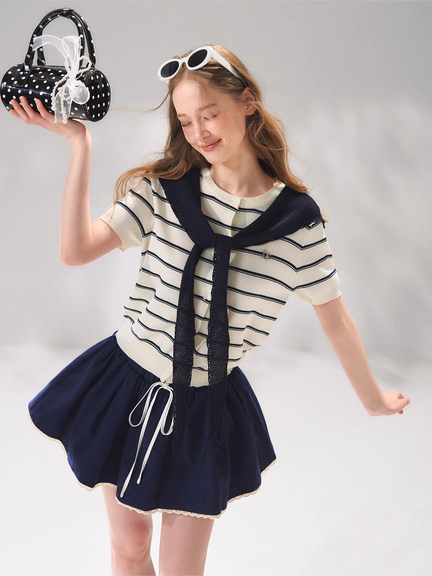 Sailor Tie-Detail Striped Knit Short Sleeve Top