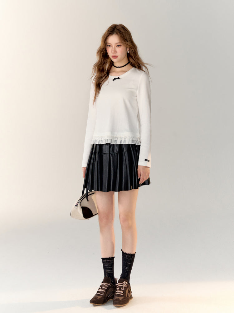 Black PU Split Pleated Leather Skirt