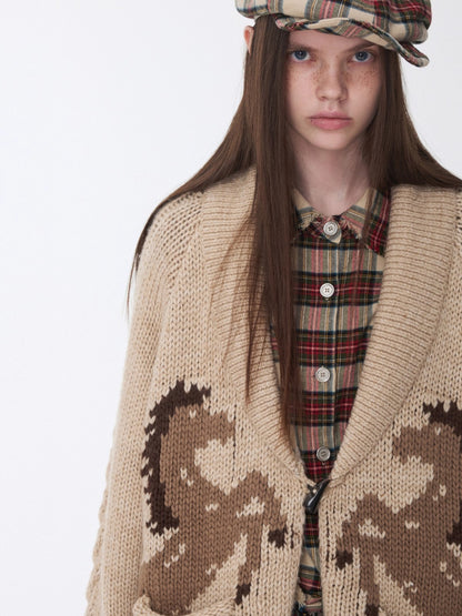 Pony Jacquard Horn-Button Chunky Cardigan