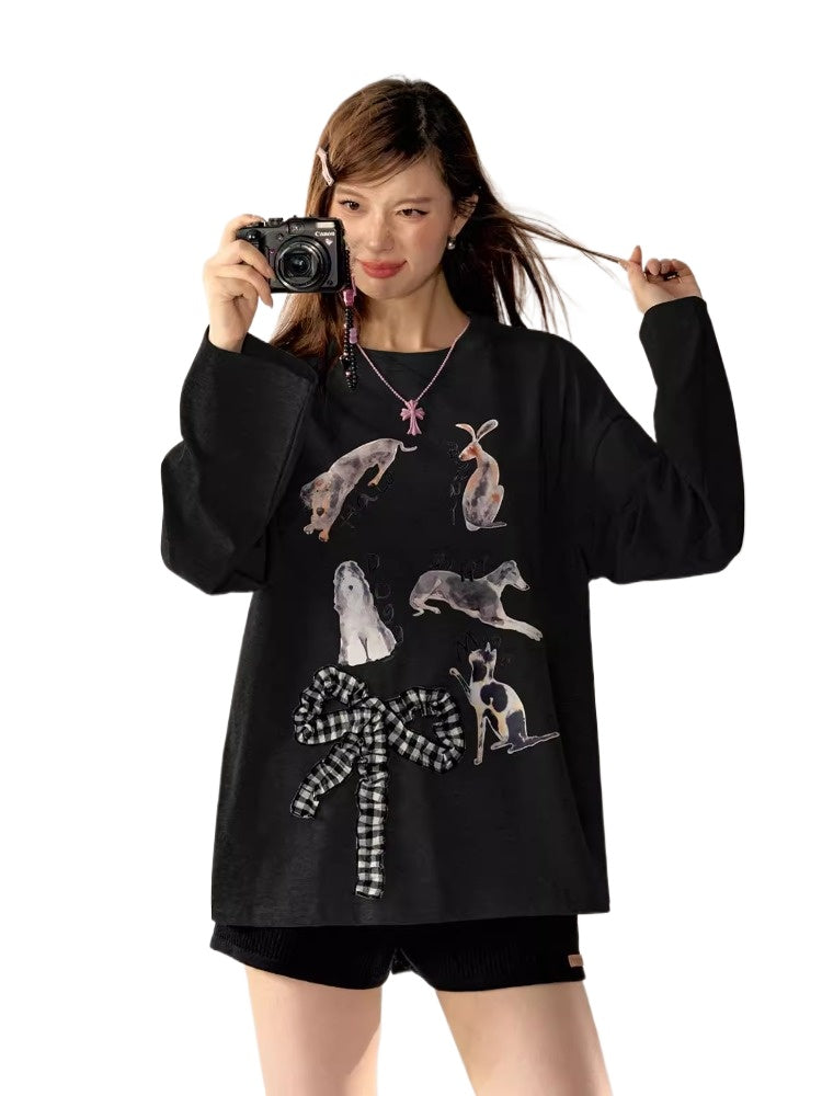 Cartoon Print 3D Bow Crew Neck Long Sleeve