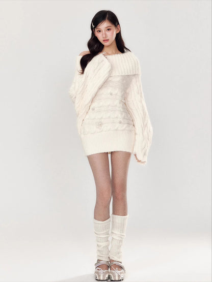 Hand-Embellished Beaded Off-Shoulder Knit Sweater