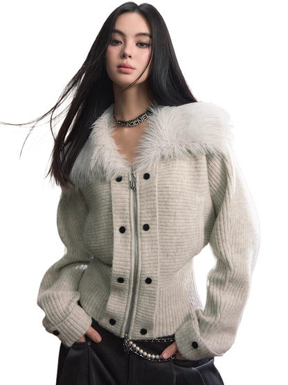 Faux Fur Collar Knit Jacket