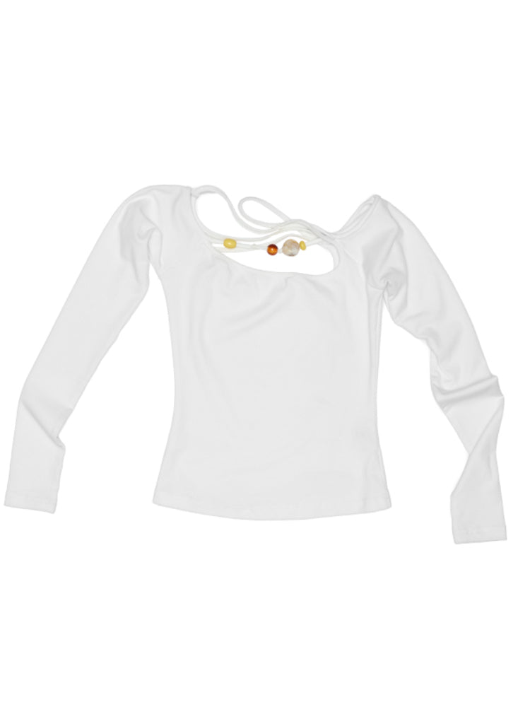 One-Shoulder Beaded Strappy Solid Color T-Shirt - CHINASQUAD