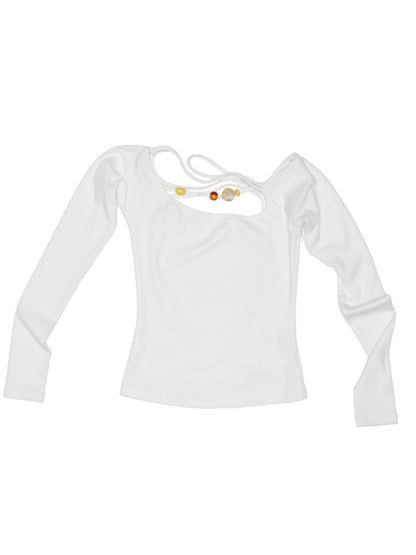 One-Shoulder Beaded Strappy Solid Color T-Shirt - CHINASQUAD