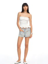 Washed and Distressed Straight-Leg Mid-Rise Hot Pants - CHINASQUAD