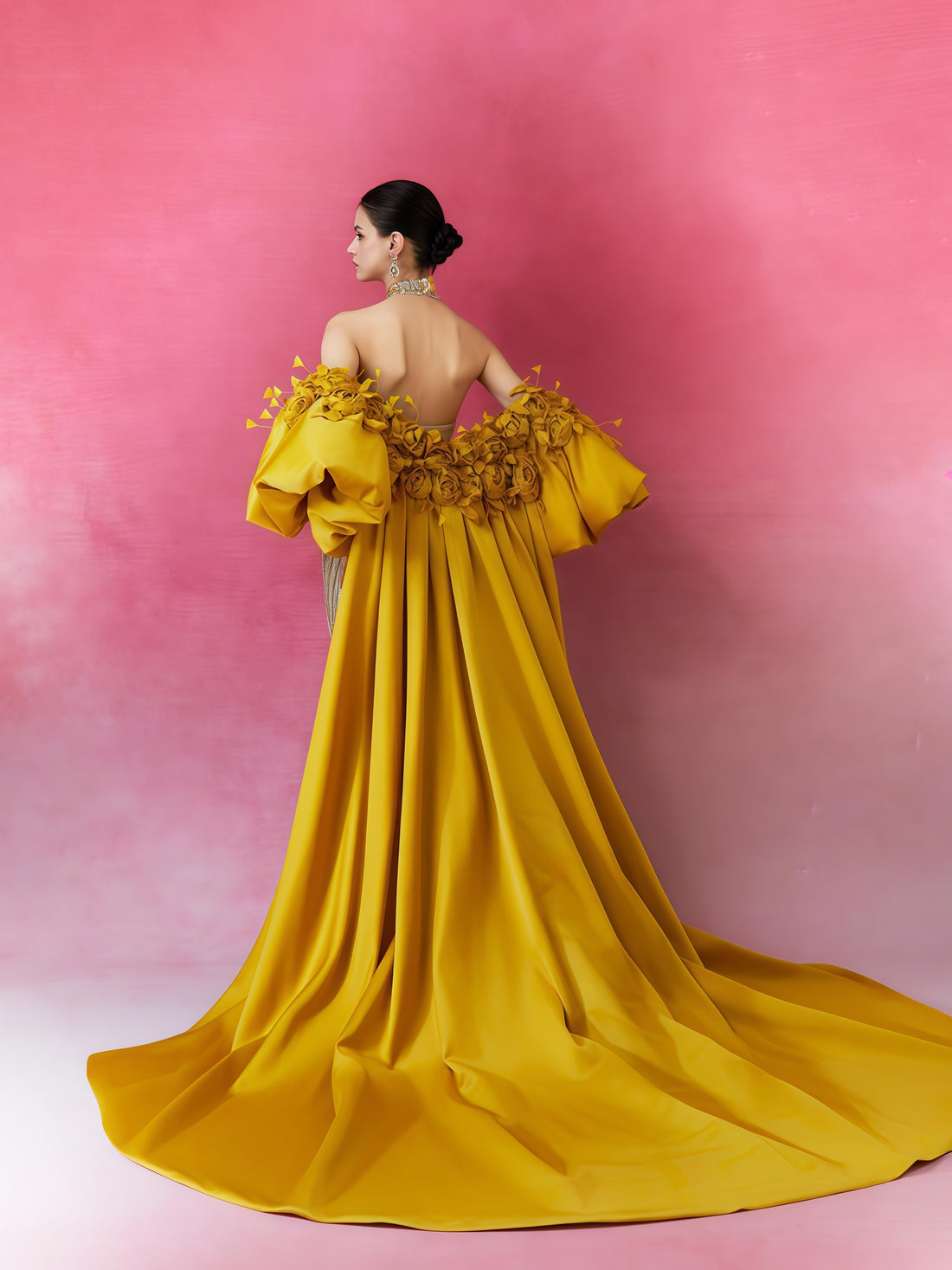 Imperial Gold Embroidered Cape Gown with Sculptural Sleeves