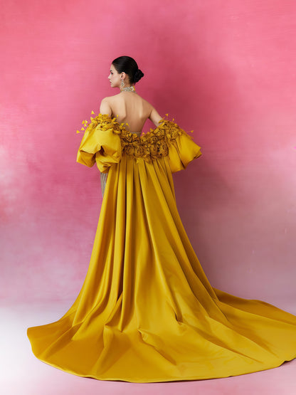 Imperial Gold Embroidered Cape Gown with Sculptural Sleeves