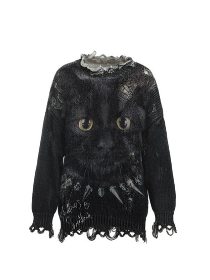 Cat Print Distressed Knit Sweater