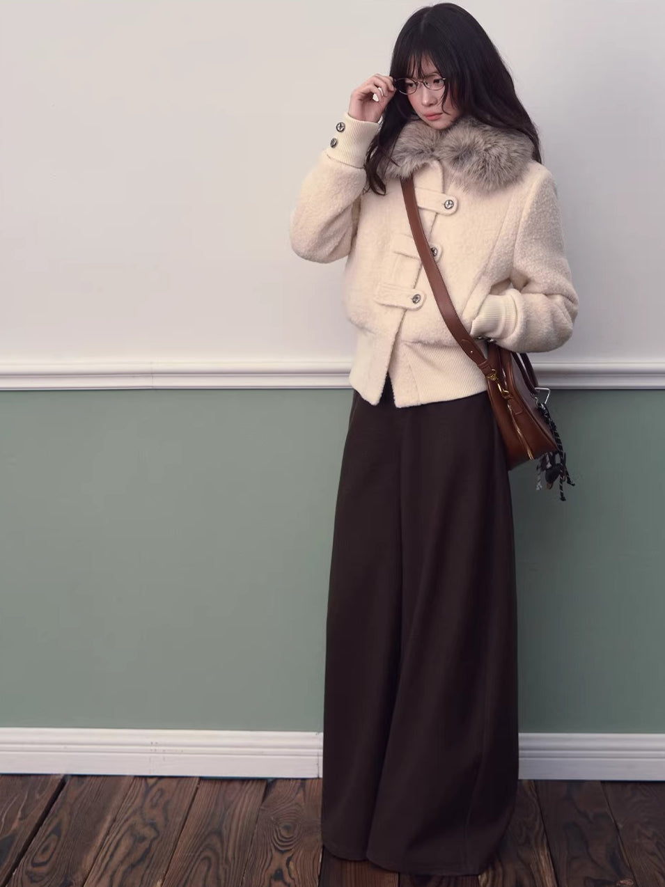 Wool-Blend Fur-Collar Short Down Jacket