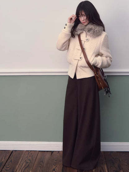 Wool-Blend Fur-Collar Short Down Jacket