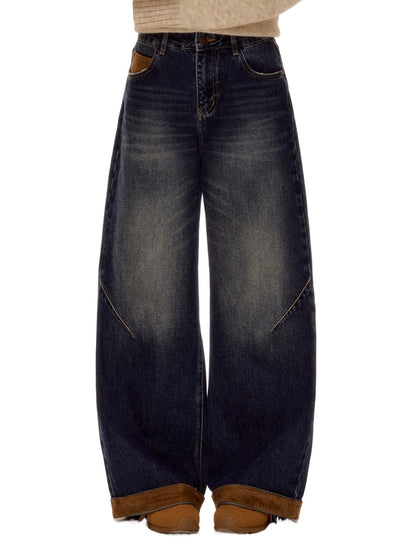 Suede-Panel Washed Denim Wide-Leg Jeans