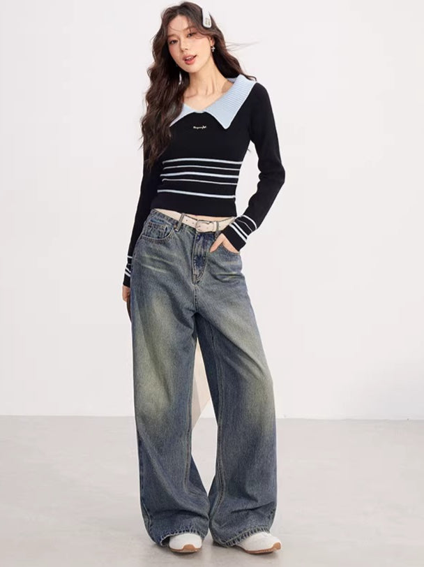 Contrast Collar Striped Knit Polo Top