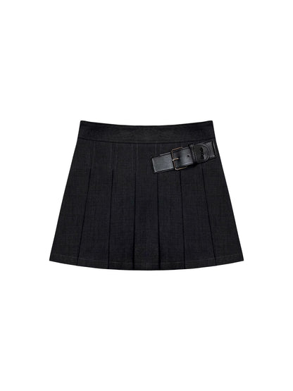 Leather-Buckle A-Line High-Waist Pleated Skirt