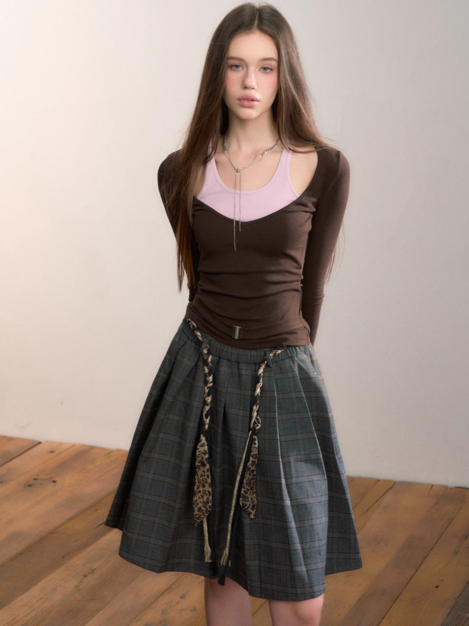 Belted Contrast Panel Knit Layered T-Shirt