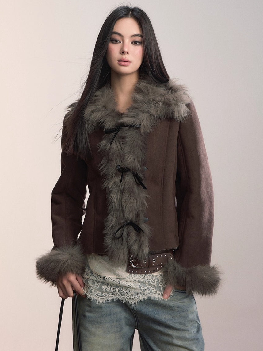 Faux Shearling Bow-Tie Collar Jacket