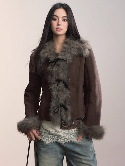 Faux Shearling Bow-Tie Collar Jacket