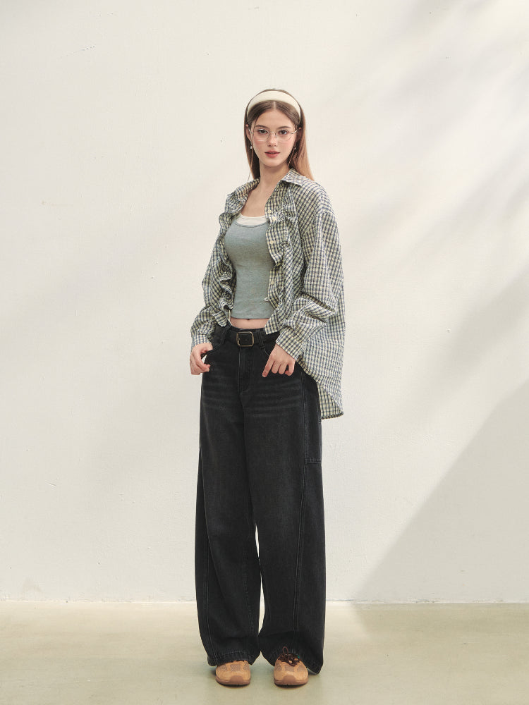 Checked Panel Tie-Waist Jeans - CHINASQUAD