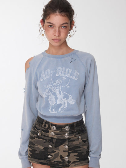 Knight Cat Print Distressed Washed Sweatshirt