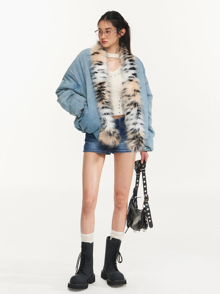 Leopard Collar Denim Jacket