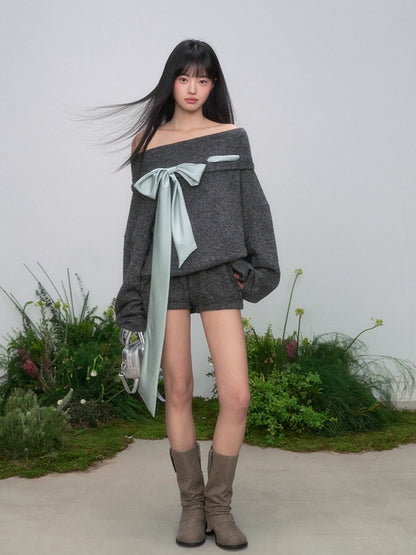 One-Shoulder Bow Tie Knitted Top
