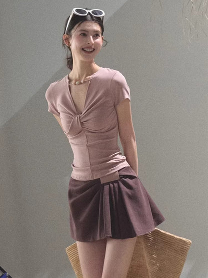 Leather Patch Lyocell–Linen A-Line Skirt