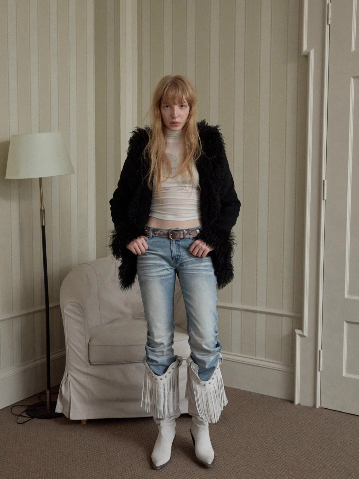 Suede Shearling Embroidered Panel Jacket