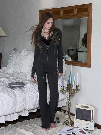 Faux Fur Drawstring Zip-up Hoodie