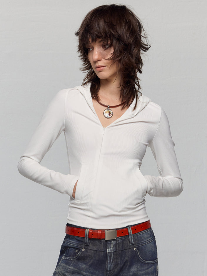 Asymmetrical Adjustable Hooded Ribbed T-shirt