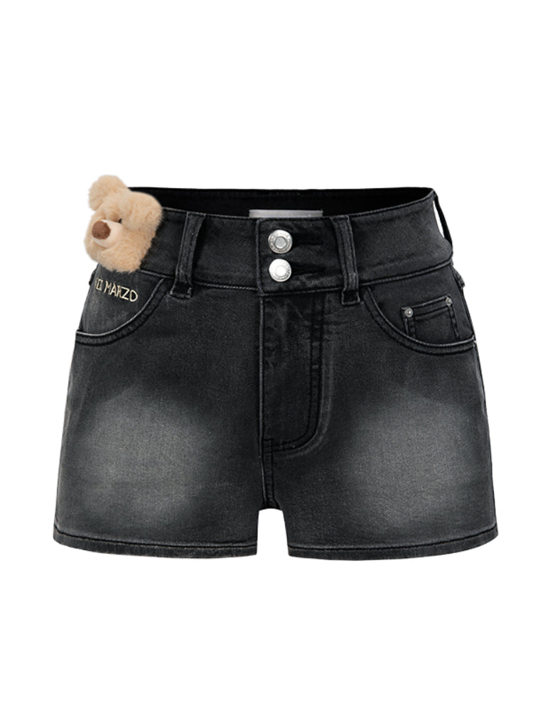 Fuzzy Bear High-Waist Denim Shorts