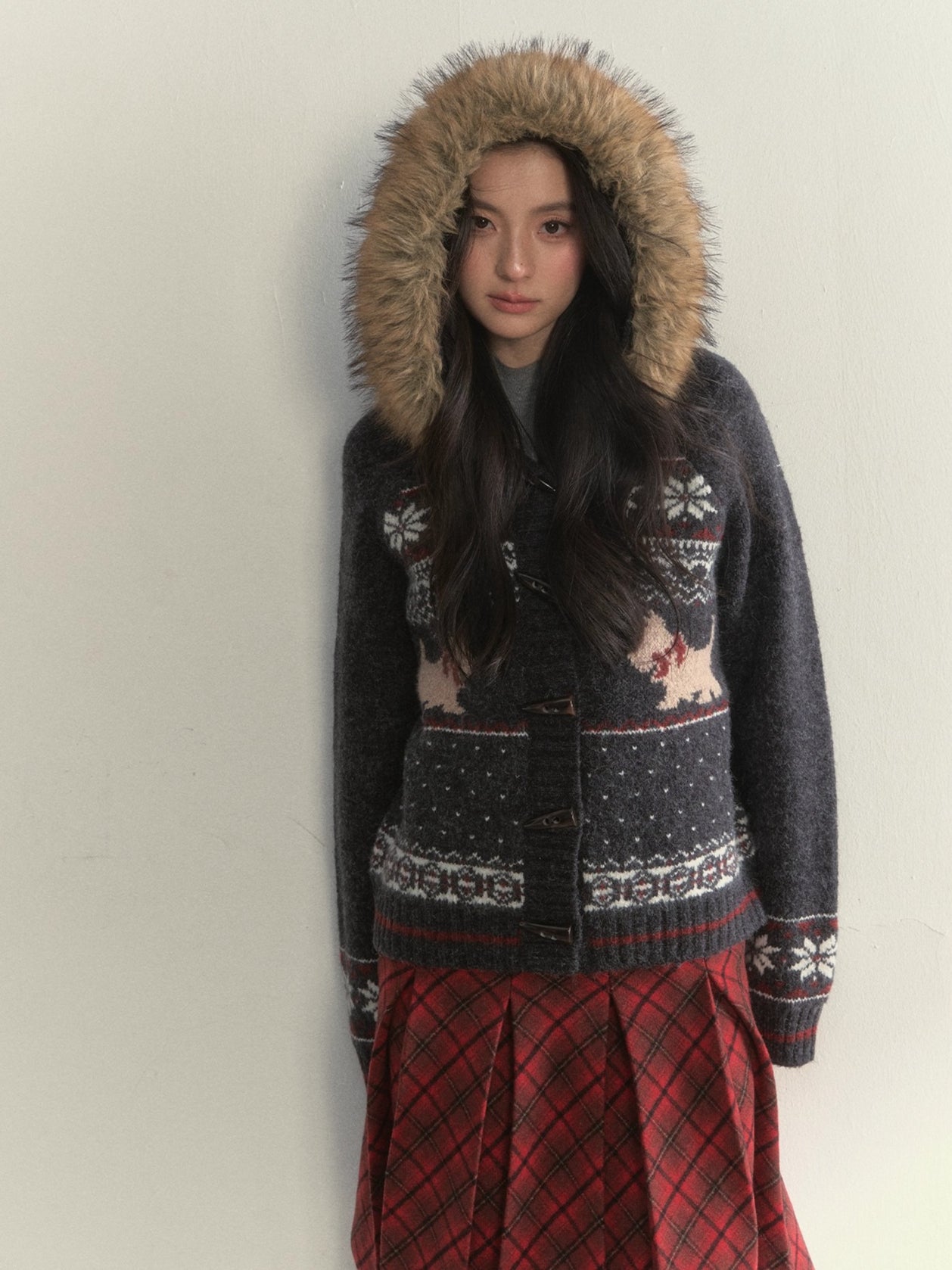 Charcoal Fair Isle Puppy Faux Fur Collar Knit Jacket