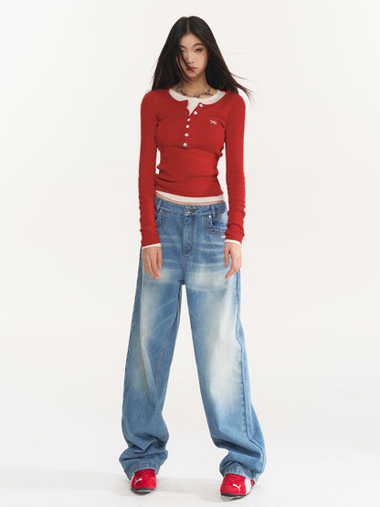 Water-Washed Low-Waist Loose Straight-Leg Pants