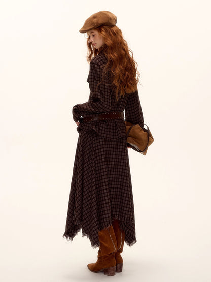 Vintage Plaid Beaded Tie-Scarf Shirt