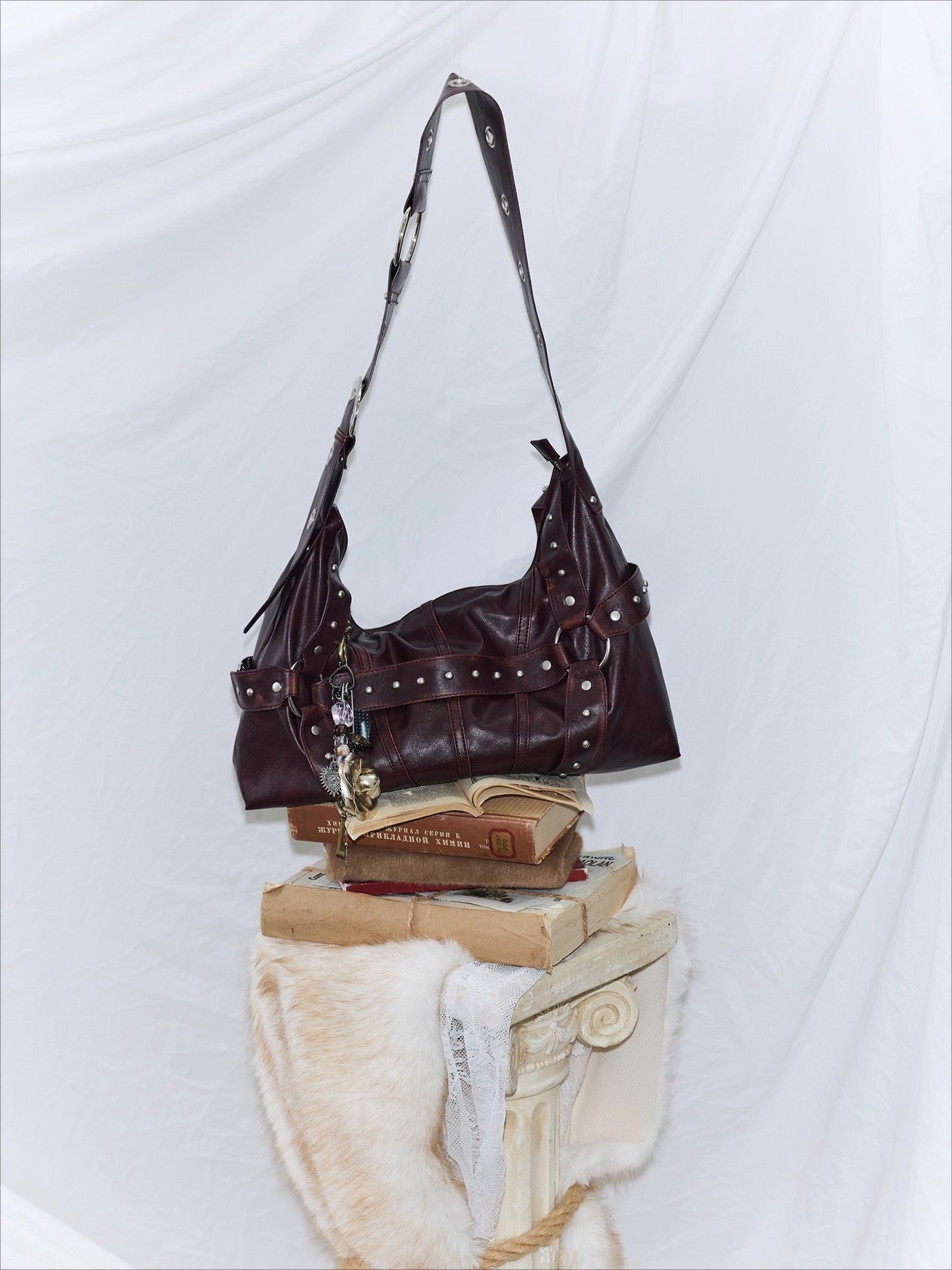 Vintage Studded Wide-Strap Crossbody Bag