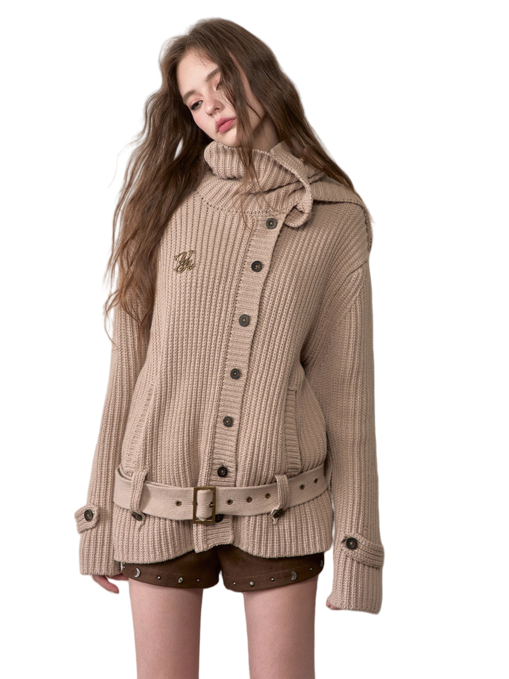 Oversized Turtleneck Cardigan with Attached Scarf