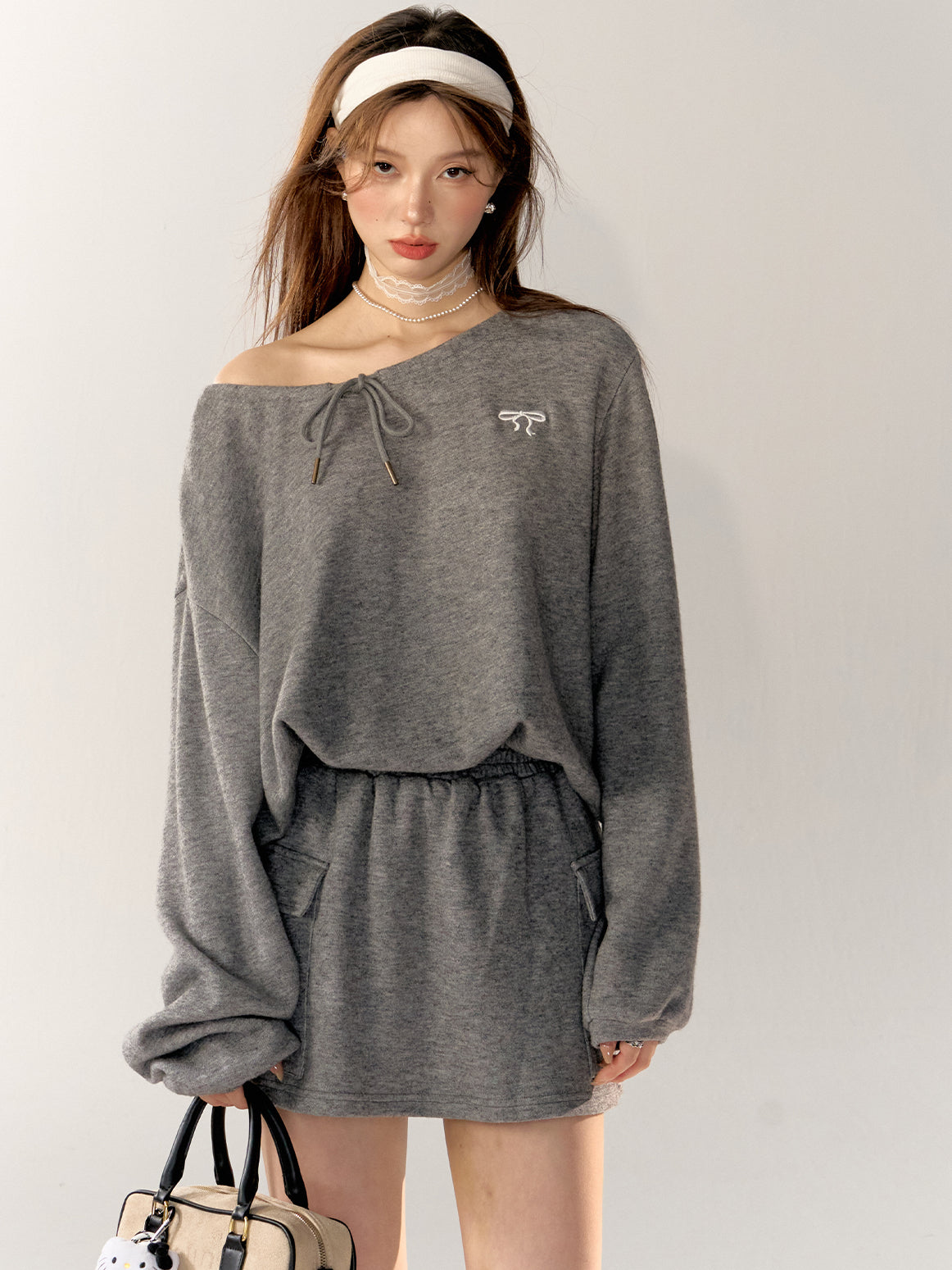 Asymmetric Embroidered Bow Sweatshirt &amp; Skirt Set