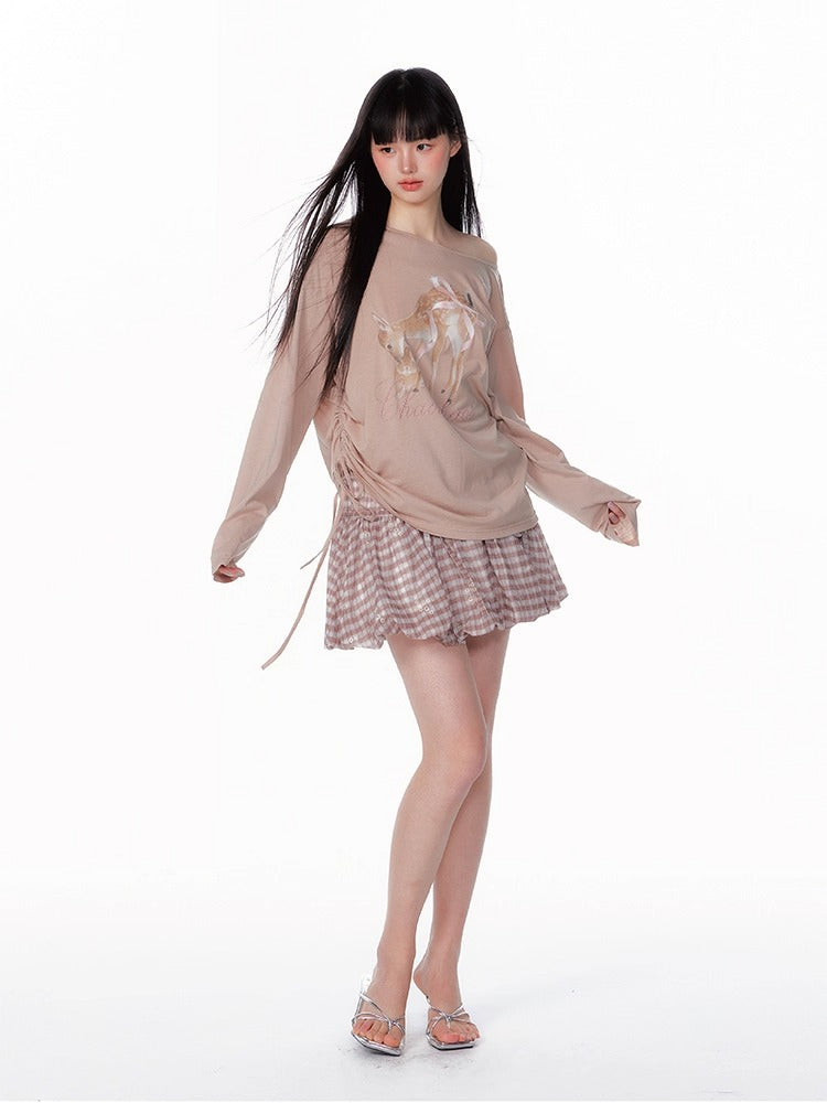 Asymmetric Deer Print Crystal-Embellished T-Shirt