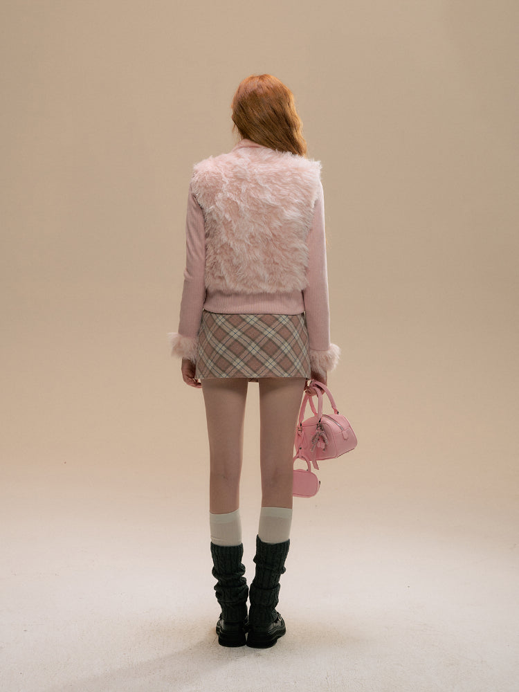 Pink Faux Fur Two-Piece Short Jacket