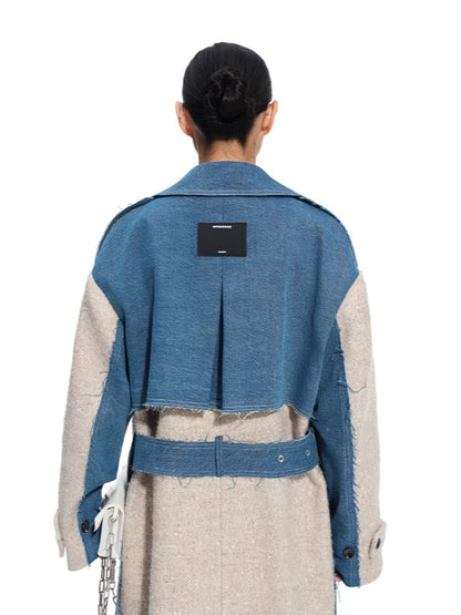 “Caracal Series” Washed Twill Patchwork Wool Denim Trench Coat