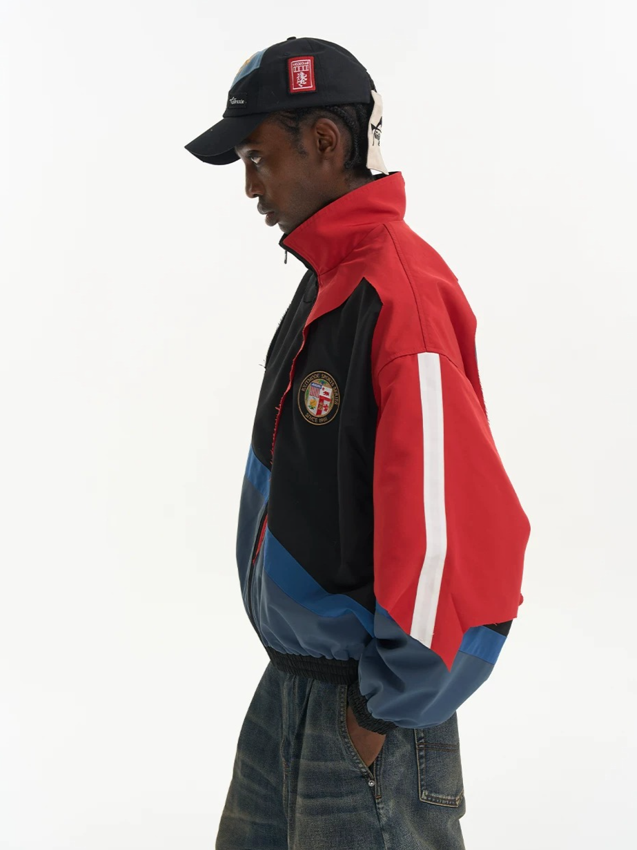 Distressed Cut-Out Color-Block Sport Jacket