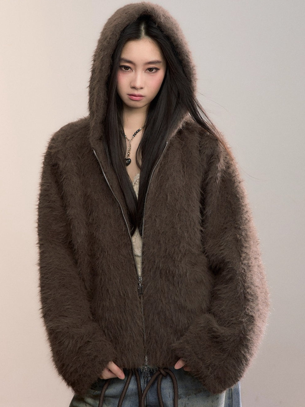 Fuzzy Hooded Plush Sweatshirt Jacket