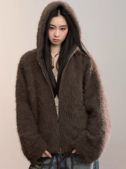 Fuzzy Hooded Plush Sweatshirt Jacket
