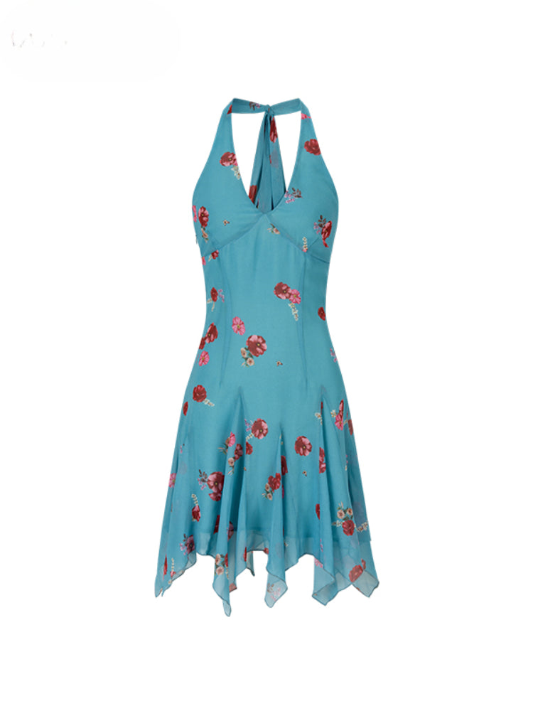 Blue Halter Printed Dress