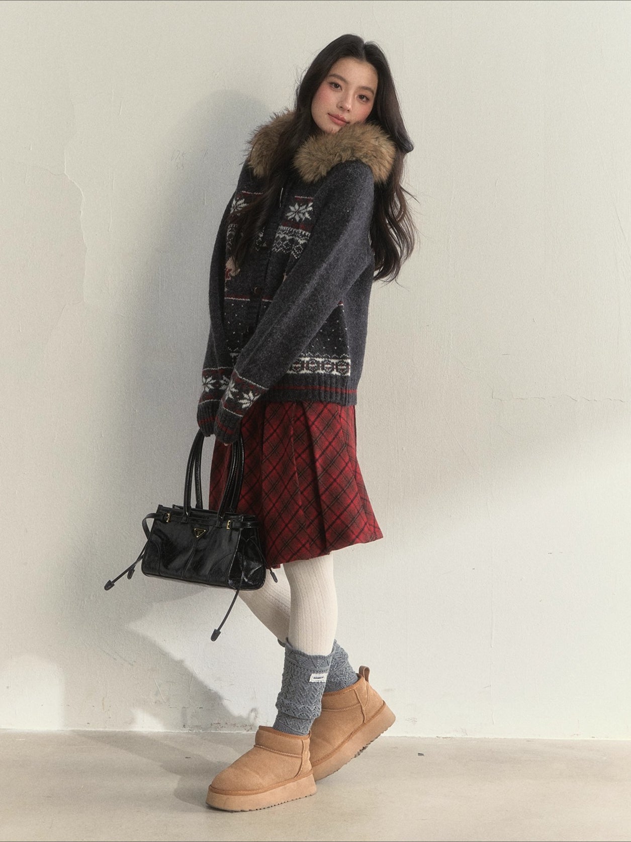 Charcoal Fair Isle Puppy Faux Fur Collar Knit Jacket