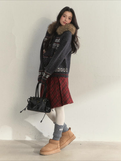 Charcoal Fair Isle Puppy Faux Fur Collar Knit Jacket